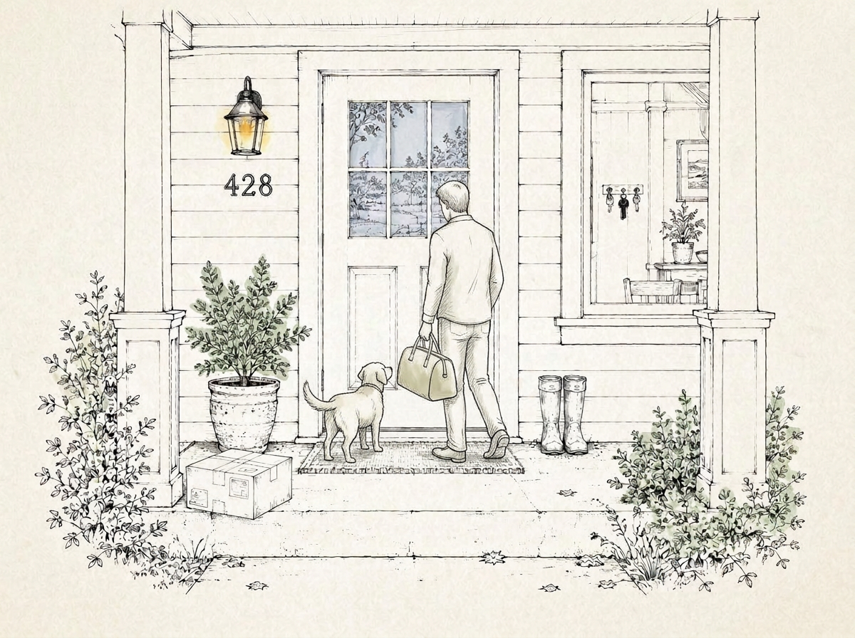 Ink drawing of a front porch: a front door with a glass panel, a package on the step, boots, a potted plant and a porch light.