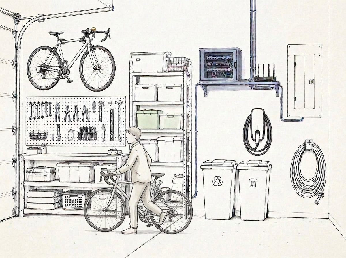 Ink drawing of a tidy garage: a bicycle on the wall, a pegboard of tools, storage bins, a network cabinet and router, an EV charging cable and bins.