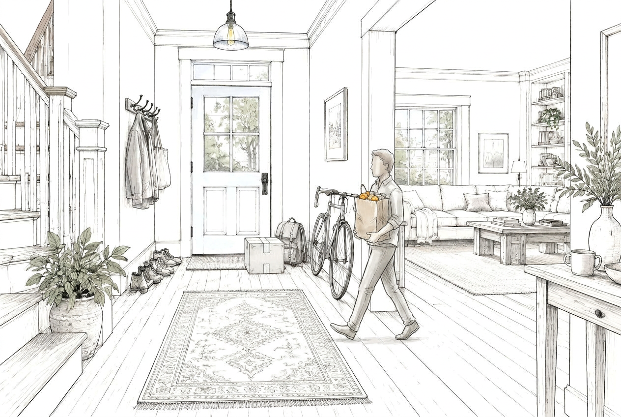 Ink drawing of a lived-in entrance hall: a jacket on a hook, shoes by the door, a backpack, a delivered package, a bicycle, and a living room beyond.