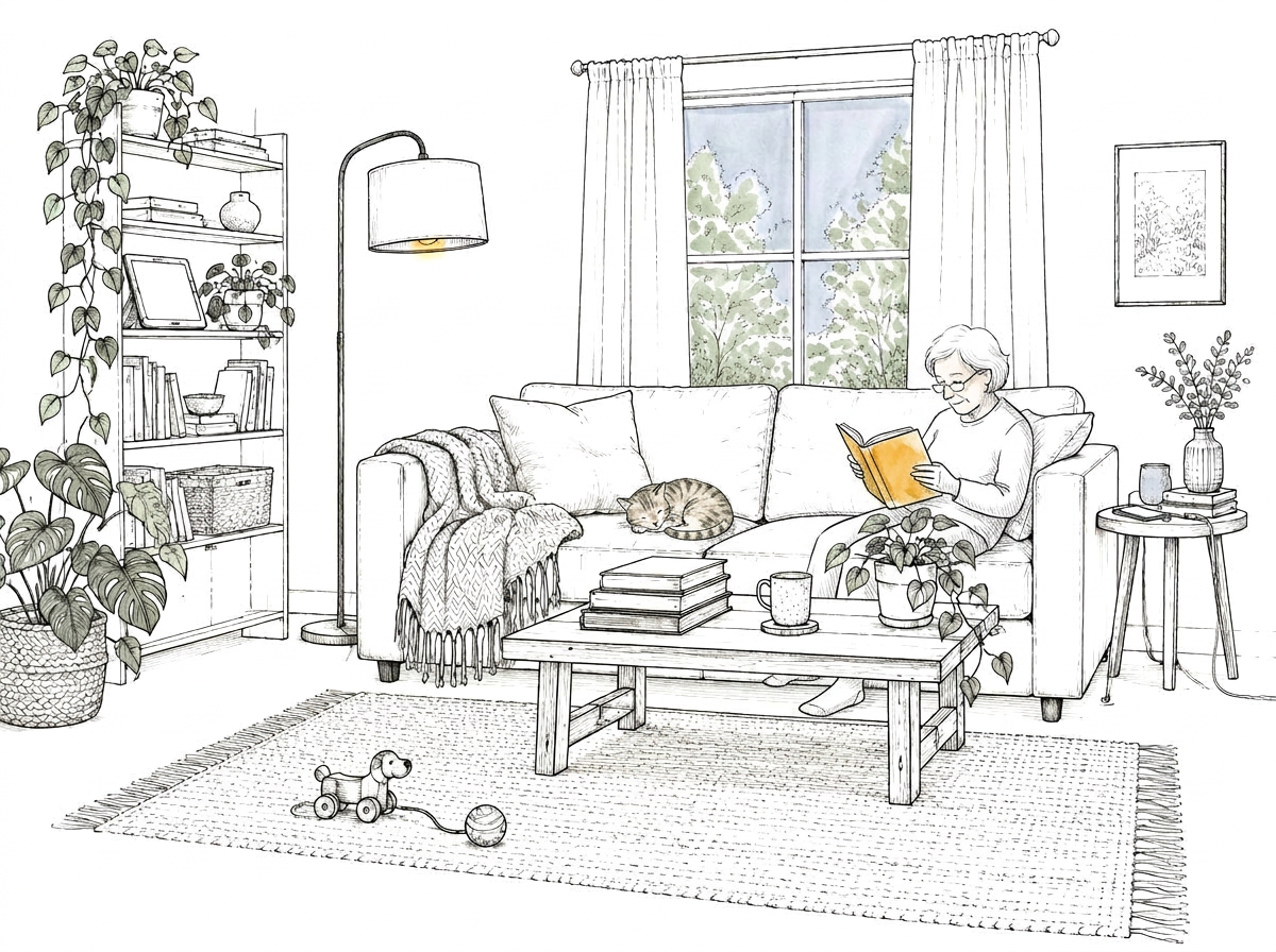 Ink drawing of a lived-in living room: sofa with a throw, a yellow lamp, books and a mug on the table, a toy on the rug, a phone charging on the side table.